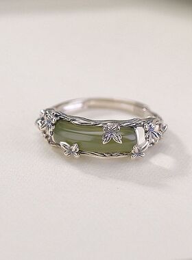 S925纯银镀金天然和田玉青玉蝴蝶戒指复古做旧个性开口指环