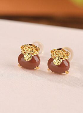 S925镀金和田玉碧玉钱袋耳钉