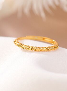 S999足银镀金复古国风金箍棒戒指亮金工艺吉祥如意开口指环
