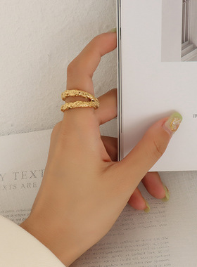 欧美捶打锡纸纹理双层戒指钛钢18k金食指戒指环ins风尾戒饰品女