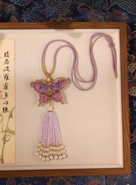 宋锦蝴蝶流苏项链新中式非遗织金水晶珍珠吊坠国风汉服配饰