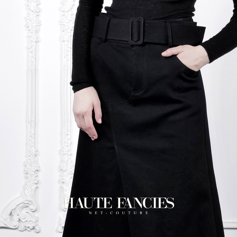 女骑士 HAUTE FANCIES后构想｜黑色A摆开衩牛仔半身裙初春新品 - 图1