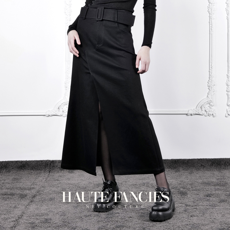 女骑士 HAUTE FANCIES后构想｜黑色A摆开衩牛仔半身裙初春新品 - 图0