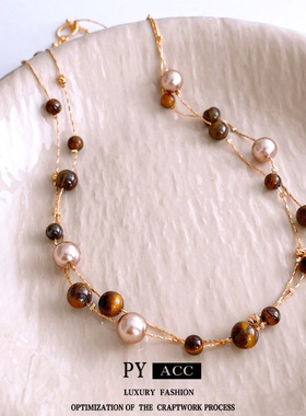 虎眼石珍珠圆形叠戴吊坠项链法式复古宫廷风毛衣链设计感小众