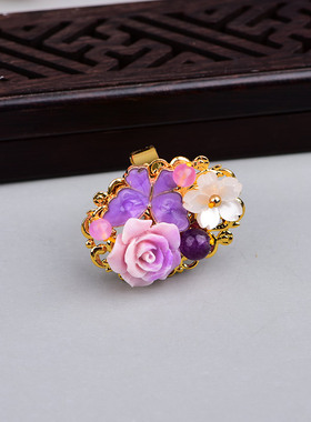 紫色花朵蝴蝶戒指新中式古风饰品