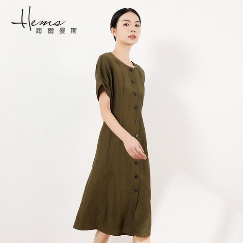 【门店同款】海尔曼斯麻桑蚕丝混纺低圆领连衣裙短袖A字裙女长裙 - 图1