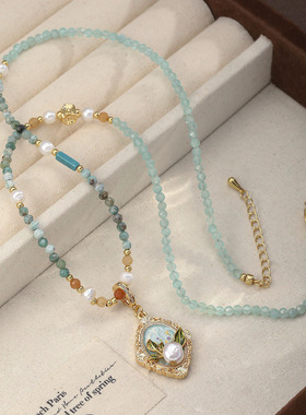 新中式油画风珍珠项链女轻奢小众设计感毛衣链感锁骨链天然石