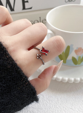 枪黑深石榴红爱心恶魔锆石戒指女暗黑复古甜酷风开口可调节食指戒