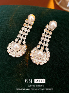 亚马逊轻奢满钻仿珍珠吊坠项链耳环套装新娘订婚穿搭配饰三件套装