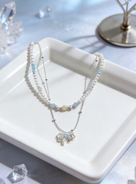 蓝色水晶串珠项链轻奢气质精致碎银子水晶蝴蝶结叠戴锁骨链女颈链