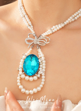 双层串珠镶钻蝴蝶结椭圆形珍珠项链轻奢小众锁骨链宫廷风夸张项饰