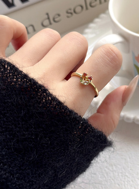 精致复古樱桃锆石女戒气质时尚甜酷小众可调节开口百搭食指戒手饰