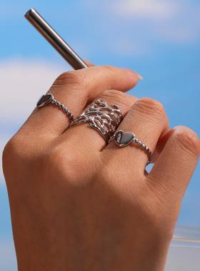 谜丽 珊瑚宽版开口戒指小众爱心指环不锈钢18K真金欧美流行款