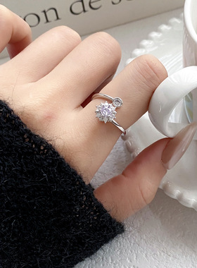 爆闪浅变兰锆雪花旋转戒指简约经典六爪轻奢感开口戒手饰指环