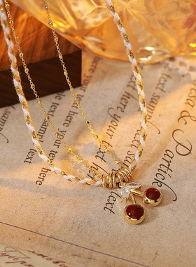 艾妮贝妮爆款感微镶红色樱桃项链轻奢气质百搭精致双层锁骨链