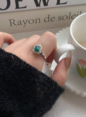 福禄寿葫芦绿玛瑙复古可调节开口指环戒指女小众轻奢食指戒