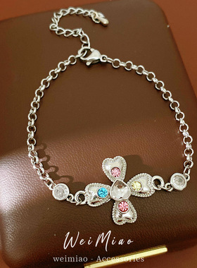 Y2K彩锆四叶花朵吊坠小项链耳钉戒指众设计感ins甜酷风新款配饰