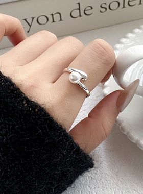 个性几何简约玻璃珍珠开口戒可调节大小潮流时尚冷淡风指环手饰女