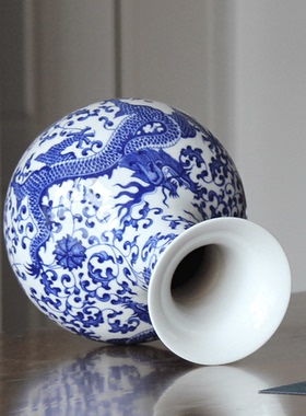 景德镇陶瓷器仿古龙纹青花花瓶摆件新中式客厅插花电视柜装饰摆设