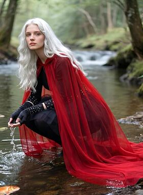 春夏季仙女风红色连帽披肩女中世纪飘逸网纱斗篷派对演出服舞台装