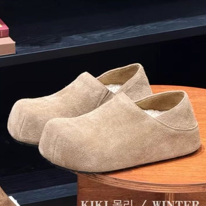 加绒复古真皮厚底勃肯鞋女2025秋冬款羊毛垫一脚蹬懒人豆豆鞋棉鞋,淘宝优惠券,粉丝福利购,淘宝优惠卷