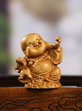 黄杨木雕福禄寿喜财笑脸弥勒佛新中式实木家居饰品手把件桌面摆件