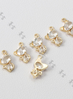 14k包金保色镶嵌锆石蝴蝶结小猫咪10*15mm吊坠diy饰品手工配件