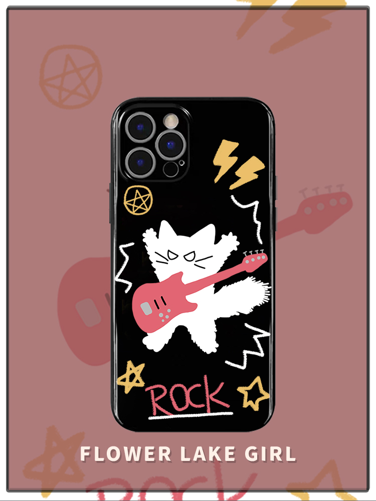 Rock star~摇滚猫咪光面适用iPhone15/13promax手机壳OPPOreno7华为荣耀70卡通vivoY70小米13红米k40一加ace2 - 图0