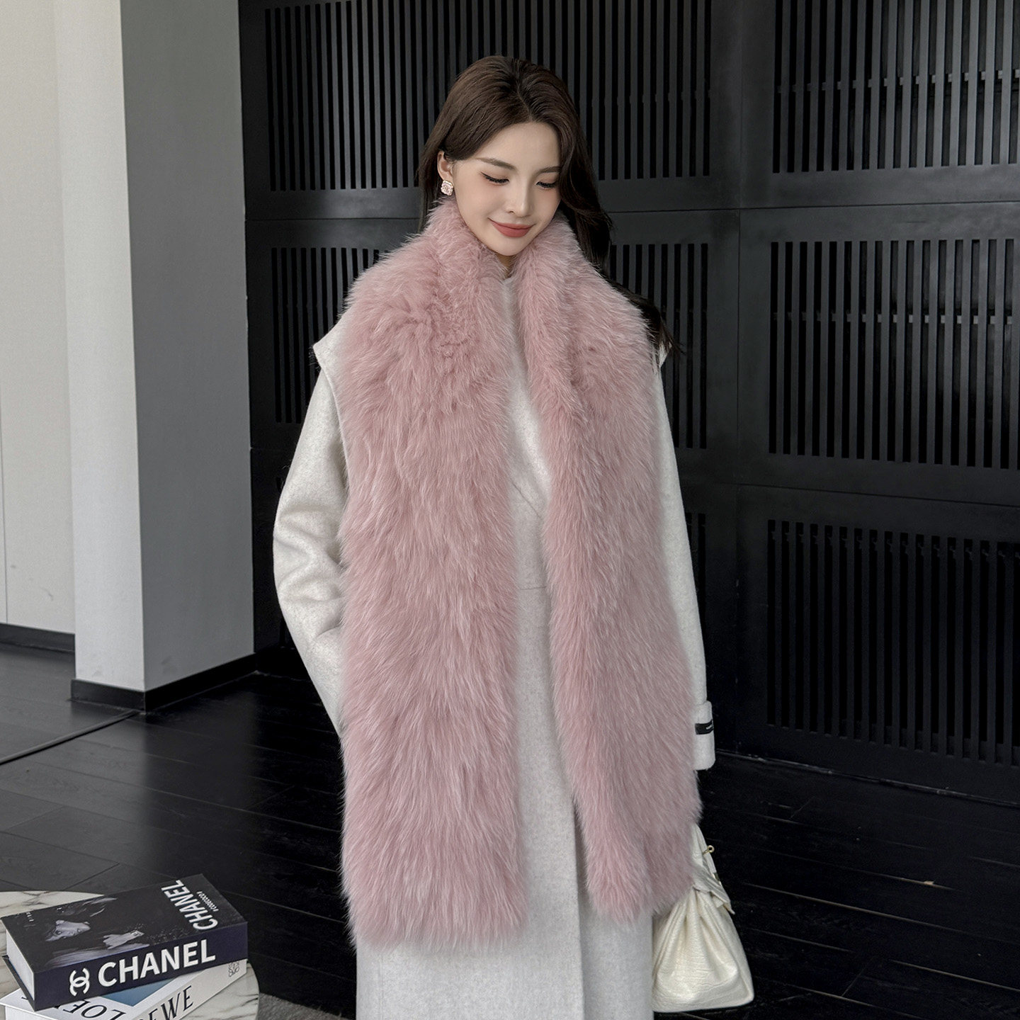 魅狐粉嘟嘟色秋冬礼服皮草配饰保暖编织全狐狸毛双面大围巾长款,淘宝优惠券,粉丝福利购,淘宝优惠卷