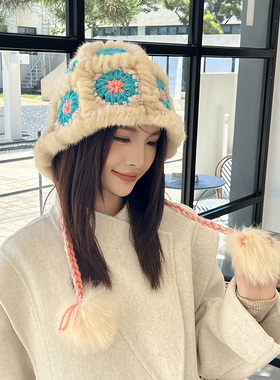 薇儿卡皮草钩花朵国风醒狮狐狸毛球水貂帽子秋冬旅游出行女渔夫帽