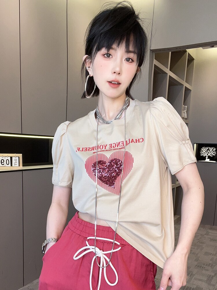 RR fashion短袖T恤女2024夏季新款重工亮片爱心字母圆领套头上衣-图1