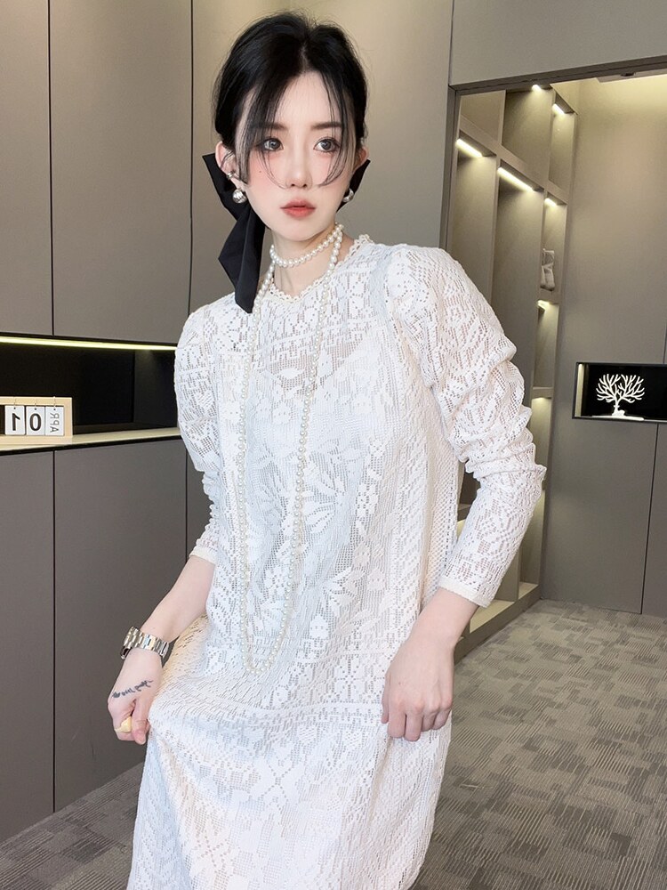 RR fashion 长袖连衣裙女2024夏季新款法式蕾丝钩花镂空直筒长裙