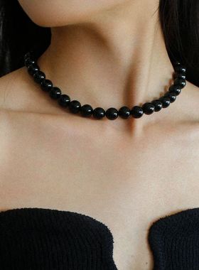 小众高级感透明白水晶黑玛瑙项链
