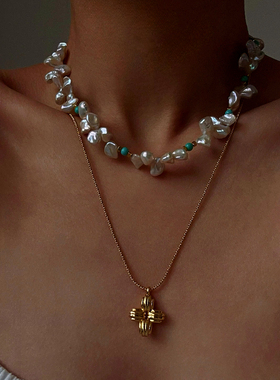 复古巴洛克花瓣珍珠蓝松色项链女