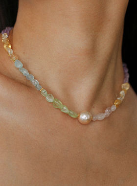 彩天然石水晶串珠巴洛克珍珠项链
