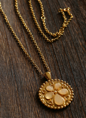 复古水晶花朵圆牌吊坠长款项链