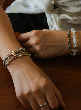 法式复古多层金矿石天然珍珠手链