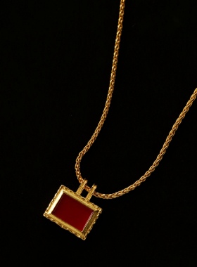 复古小方表红珐琅吊坠项链女