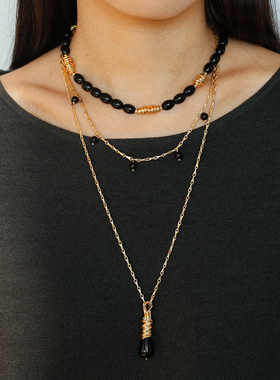 法式复古黑玛瑙串珠叠搭长款项链