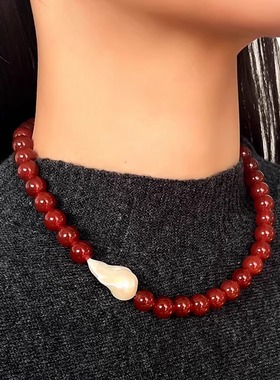 法式复古红玛瑙巴洛克珍珠项链