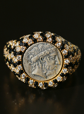 复古925银浮雕人像古币镶钻戒指