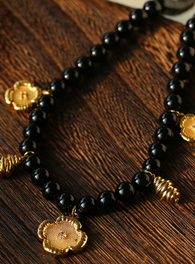 小众设计黑玛瑙四叶草多吊坠项链