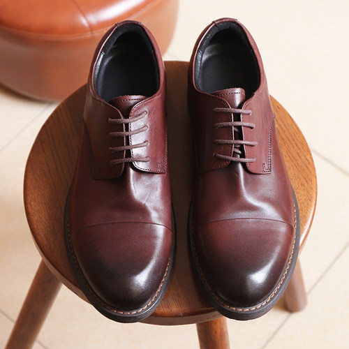 复古水洗马皮三接头商务休闲皮鞋男士圆头真皮底通勤德比鞋固特异 - 图0