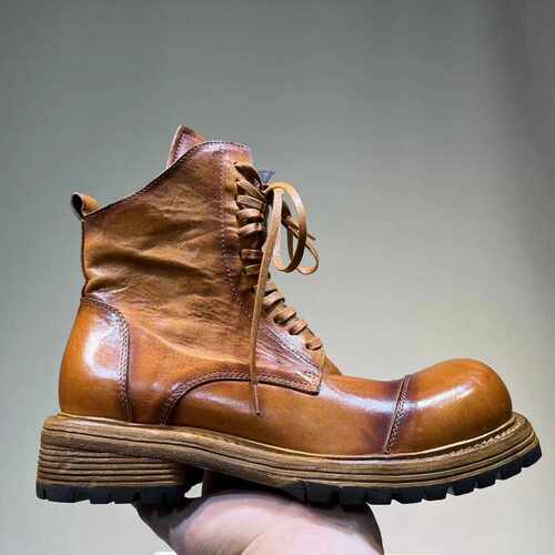 2024秋冬新款复古马皮马丁靴男真皮厚底增高短筒机车靴子高帮皮鞋 - 图0
