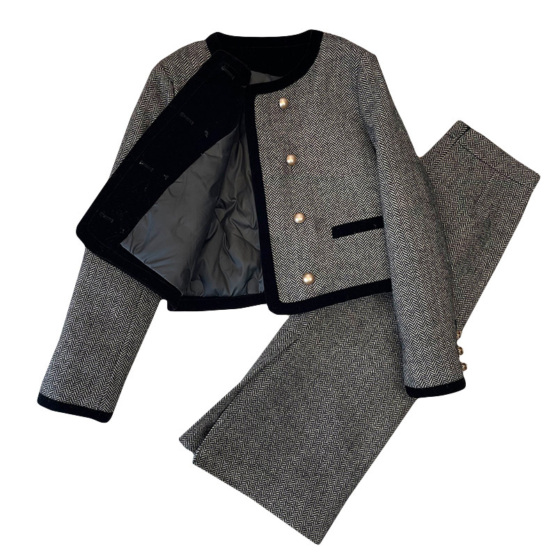 人字呢小香风羽绒服套装女2025冬季新款拼接撞色短外套长裙两件套,淘宝优惠券,粉丝福利购,淘宝优惠卷