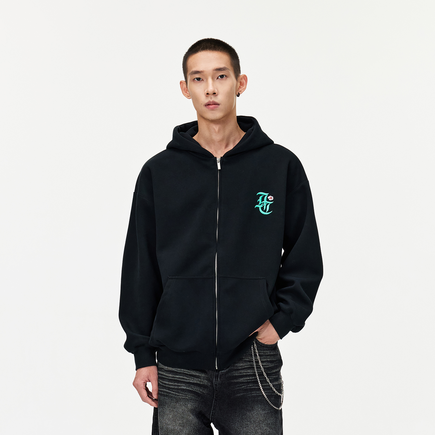 丛林老虎国潮花卉刺绣连帽卫衣男女情侣春秋420g重磅美式拉链外套 - 图0