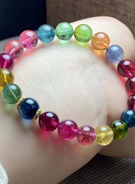 纯天然正品碧玺手链真货糖果色西瓜碧蓝碧玺单圈老料老矿水晶手串