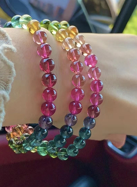 精品纯天然巴西玻璃体彩虹碧玺手链佛珠三圈多圈碧玺水晶正品手串