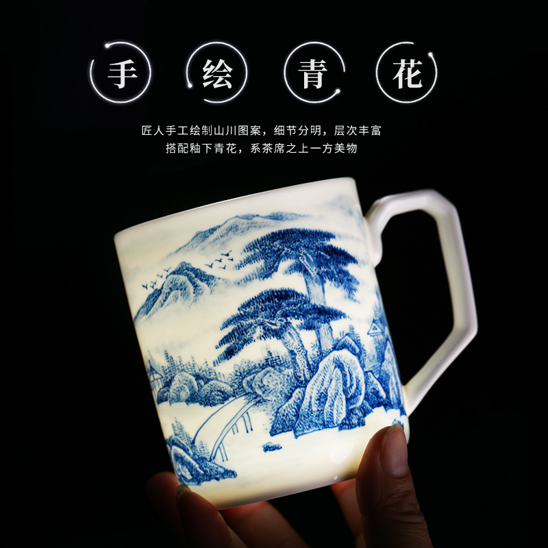 景德镇手工茶杯釉下青花手绘陶瓷茶杯带盖办公杯泡茶杯子家用水杯-图0