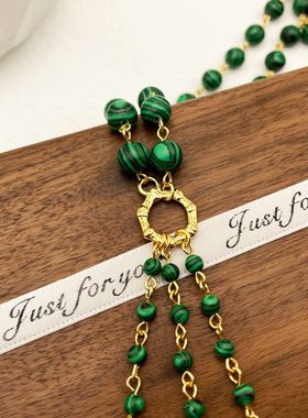 新中式复古孔雀石串珠毛衣项链高级感流苏长款项链饰品女生小众